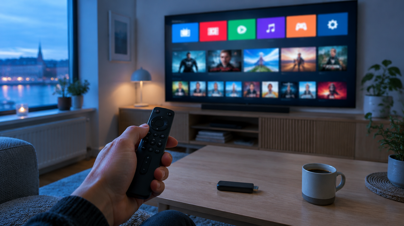 IPTV Suomi -kanavalista ja elokuvakirjasto älytelevisiossa, kaukosäädin kädessä