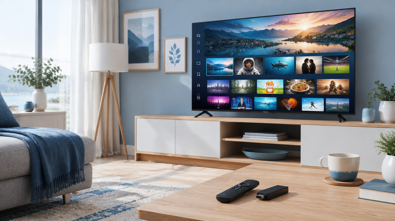 IPTV Suomi -palvelun kanavavalikoima älytelevisiossa ja 4K-suoratoistotikku olohuoneessa