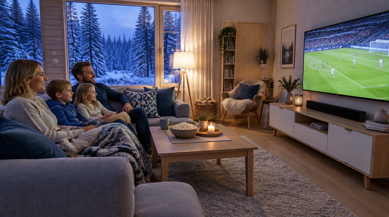 Suomalainen perhe katsoo jalkapalloa IPTV Suomi -tilauksella 4K-televisiosta olohuoneessa